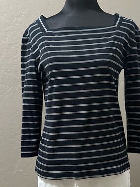 Lauren Ralph Lauren Black & White Striped Square-Neck Long Sleeve Top